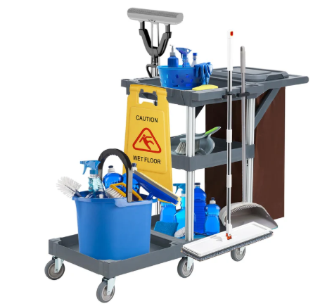Commercial 3-Shelf Janitorial Cleaning Cart with Vinyl Bag